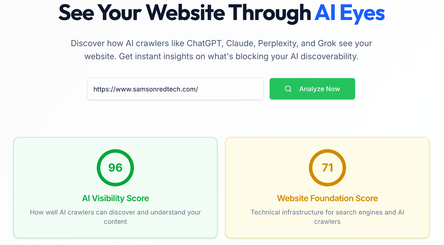 Rank Up Ai Visibility Score of 96 and Website Foundation Score of 71 for samsonredtech.com